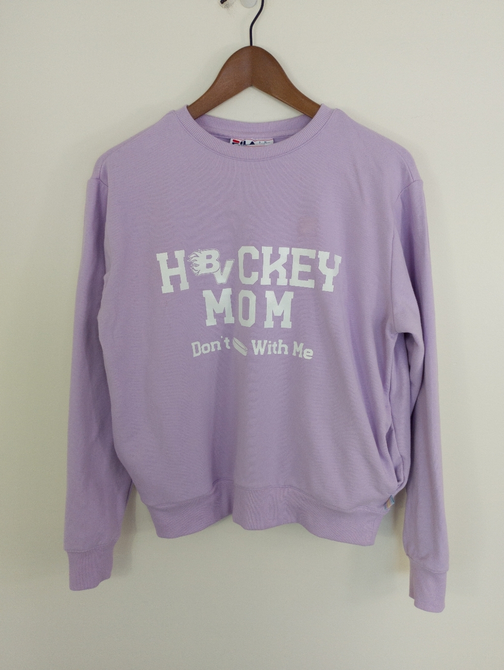Fila Hockey Mom Don't Puck With Me Lilac Purple French Terry Crewneck Sweatshirt